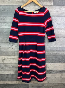 Boden Alma Midi Dress Size UK 12 Navy Blue Red Pink Stripe Ottoman 3/4 Sleeves - Picture 1 of 11