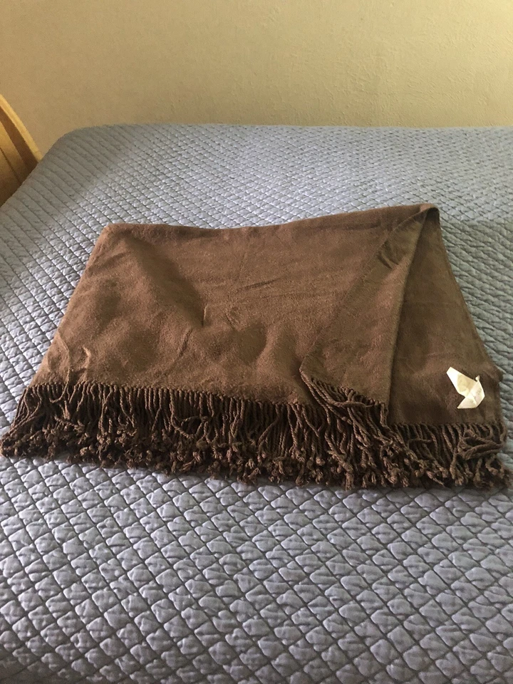 West Elm Wool Blend 50x70 Throw Blanket Dark Brown Rayon Cotton Fringe Soft NWOT - Image 1 of 4