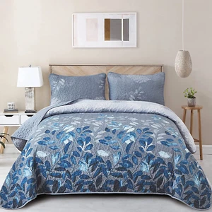 Blue Quilt Set King Size,3 Pieces Navy Blue Floral Bedspread Coverlet Set with 2 - Picture 1 of 6