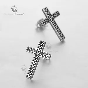 cross stud vintage silver style stainless steel gothic earrings solid design - Picture 1 of 3