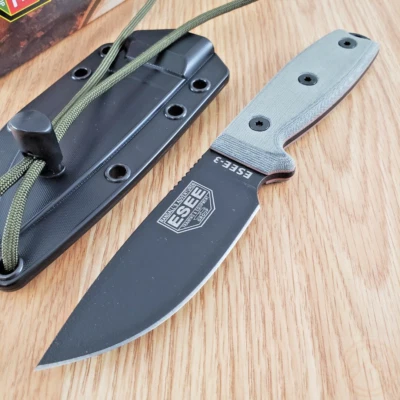 Cuchillo fijo ESEE Modelo 3 3,75" Full Tang 1095HC hoja de acero negro mango Micarta Foto 1 de 4