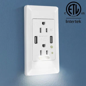 Night Light Wall Power Outlet with 4.2A USB Ports Auto On/Off Sensor Receptacles - Picture 1 of 12