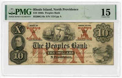 1864 $10 The Peoples Bank - North Providence, RHODE ISLAND Note PMG Fine 15 - Image 1 of 2
