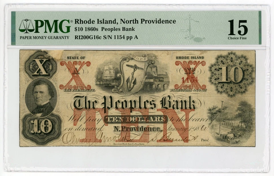 1864 $10 The Peoples Bank - North Providence, RHODE ISLAND Note PMG Fine 15 - Image 1 of 2