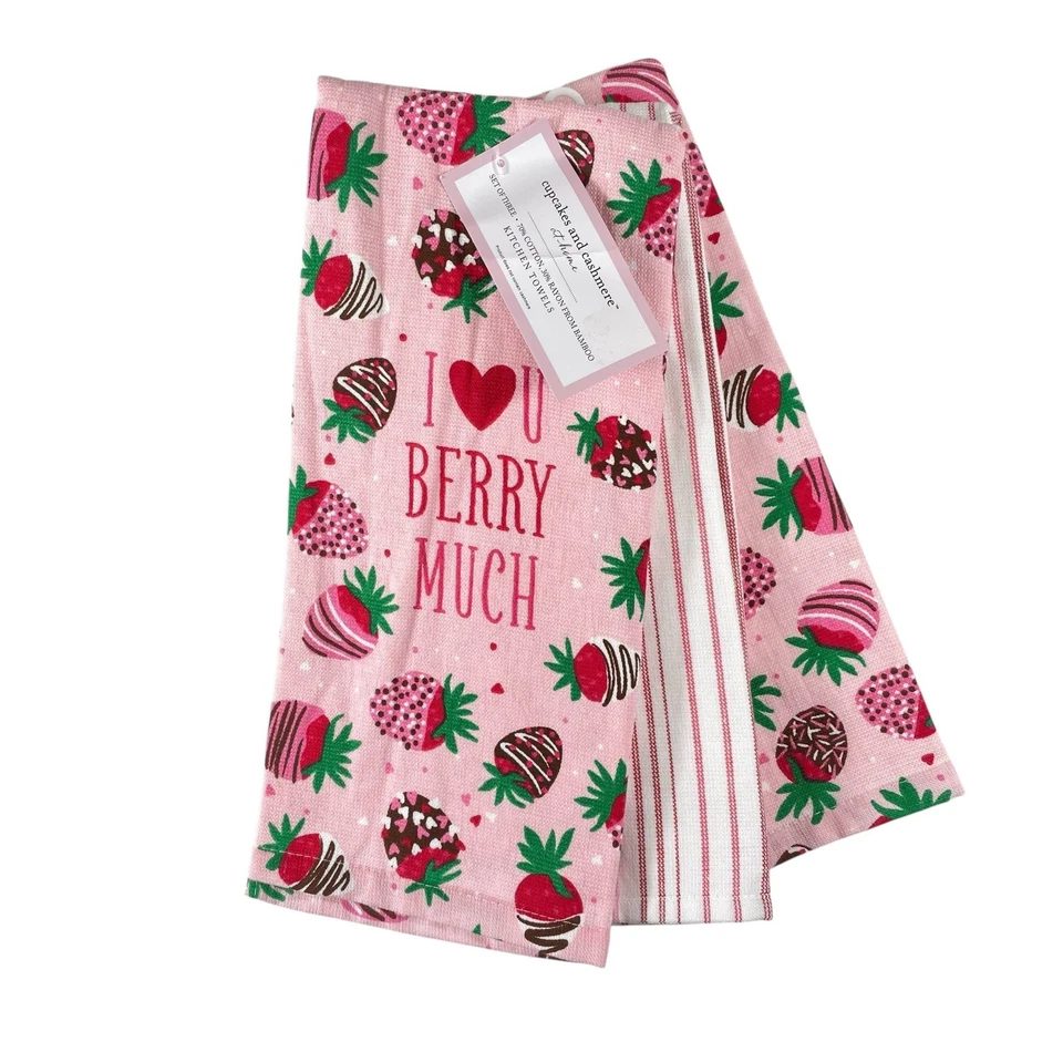 Juego de 3 toallas de cocina para cupcakes y cachemir fresas rosas con chocolate Foto 1 de 4