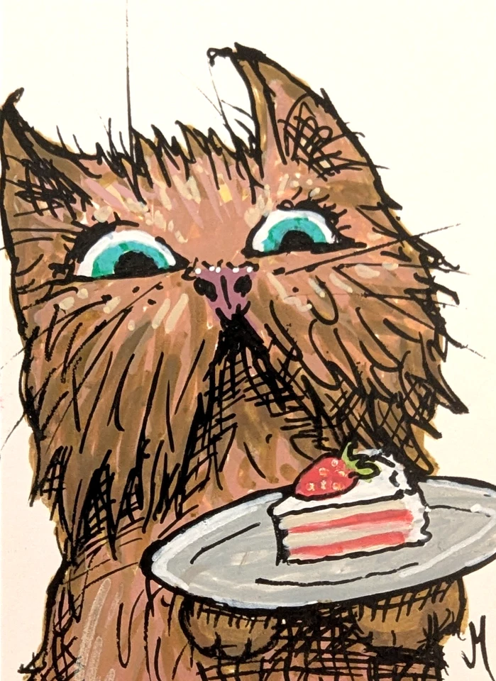 ACEO Cat Painting Original Kitten Eats Cake Contemporary Folk Art Josh Merritt - Image 1 of 1