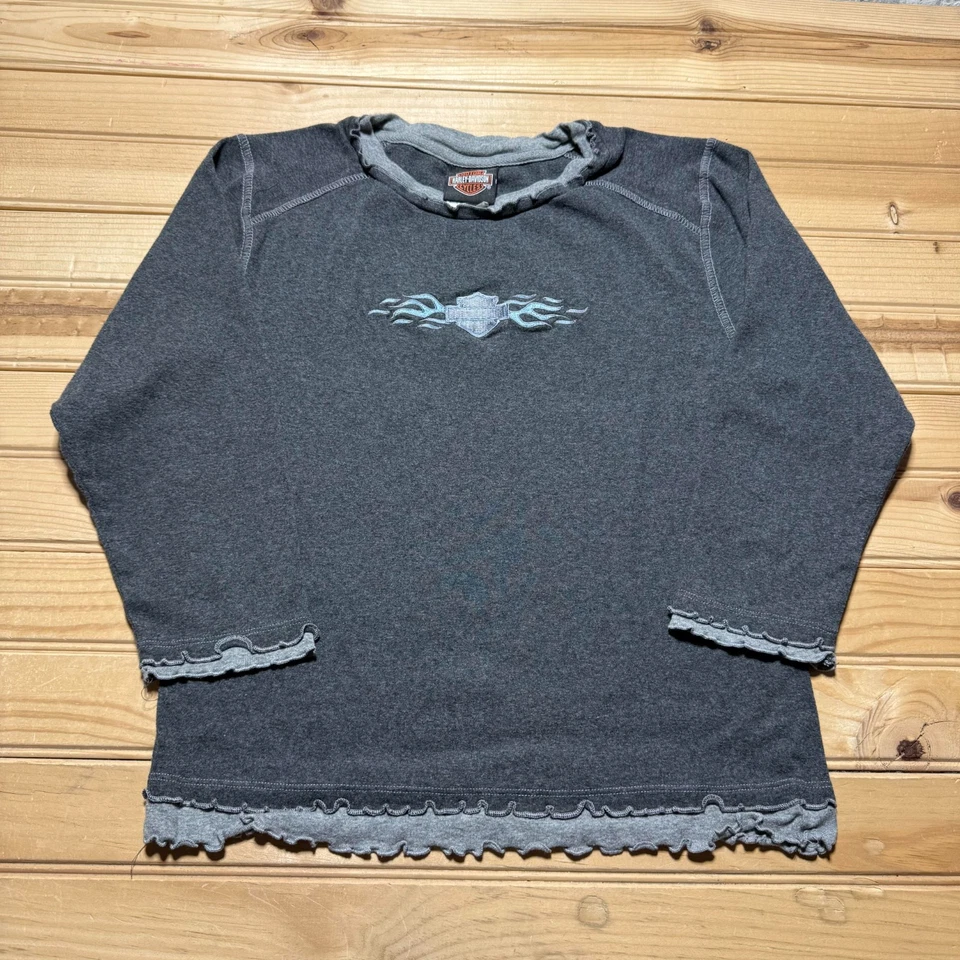Y2K Harley-Davidson F&S Dayton Ohio Embroidered Ruffled Long Sleeve Shirt Medium - Image 1 of 4