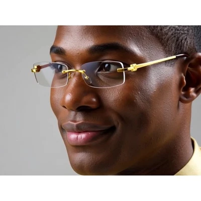 Rimless Rectangle Glasses Gold Frame Clear Lens Fashion Eyewear Men Trendy Small - Image 1 of 4