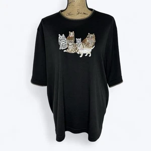 Vintage 90er Bon Worth Top mit Jakobsmuschelborte Gr. XL bestickt Katzenliebhaber Neuheit Oma - Bild 1 von 15
