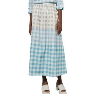 MING WANG Gingham Midi Maxi Skirt Medium Poplin Plaid Checkered Pockets NWT $210 - Picture 1 of 9