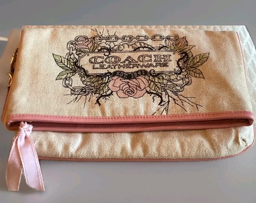 Pochette pieghevole COACH tatuaggio tela glitter beige e rosa rara 2009 leggi descrizione