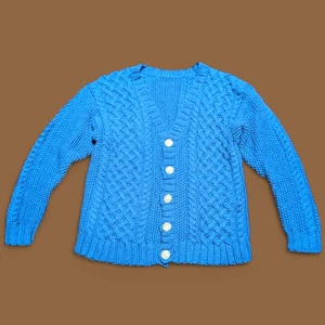 Aran Cardigan Sweater Heavy Unisex L blue 100% Cable Knit Handknit Cardi #Cl - Picture 1 of 7