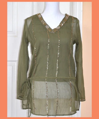 Top túnica Kurti de la India con cuentas bordadas con lentejuelas color verde Foto 1 de 4