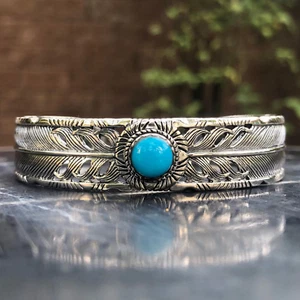 Handcrafted 925 Sterling Silver Bird Feather Turquoise Stone Bracelet - Picture 1 of 8
