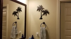 Twin Palm Trees 16" Tall Wrought Iron Wall Art Home Decor Tropical Beach Plaque - Picture 1 of 4