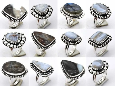 Agata Gemma Anello Sterling Placcato Argento Artigianale Bali Lotto Misura 6to10 - Immagine 1 di 2