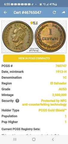 El Salvador 1913 H Un Centavo Top Pop  Beautiful  Tone PCGS AU53 Cover