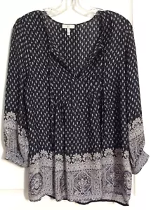 Top Joie 100% seta bohemien multicolore nero stampa manica lunga scollo a V taglia S - Foto 1 di 10