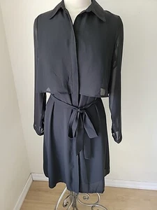 NY Collection Black Dress Belted Button Front Mid Length Sheer Sleeve Career - Picture 1 of 16