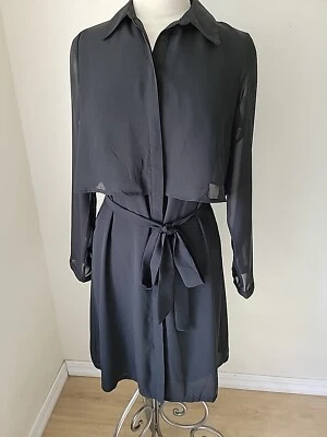 Vestido Negro Colección NY Cinturón Botón Delantero Largo Medio Manga Transparente Carrera Foto 1 de 4