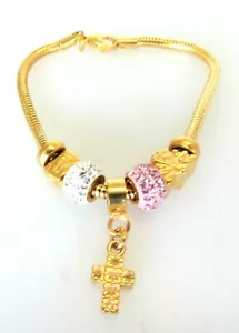 Women’s Stainless Steel Gold Plated Charm Bracelet With Cross and Crystals 8" - Picture 1 of 3