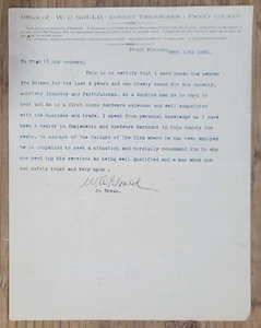 1896 Letterhead Kansas Pratt WC Gould County Treasurer Pratt County - Picture 1 of 1