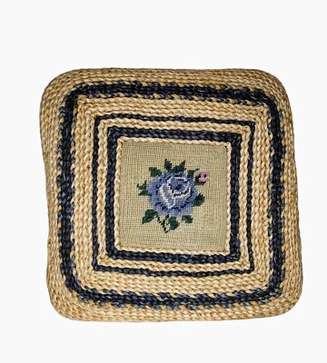 Vintage Needlepoint Floral Centers Corn Husk Seat Cushion Square Pillow Handmade - Image 1 of 4
