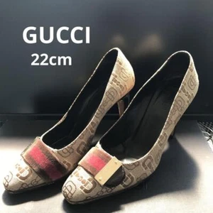 GUCCI Pumps Heel Horsebit Canvas Beige EU34.5 US4.5 Japan F/S USED - Picture 1 of 24