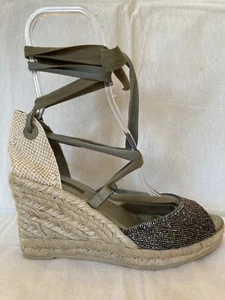 Apepazza Anthropologie beaded wedge espadrilles pewter beads green laces 41 10 - Picture 1 of 9