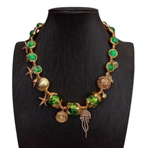 Green Murano Beads Gold Plated Cz Pave Charm Necklace Jewelry For Women - Picture 1 of 5