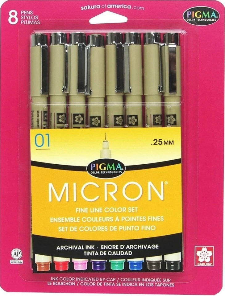 SAKURA PIGMA MICRON 01 Fine Line Pen 8 Count Set .25mm - Assorted Colors #30068