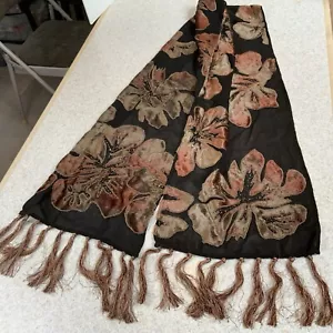 De colección Años 70 Marrón Nylon Bordado Terciopelo Cuentas Floral Flecos Bufanda Chal Envoltura - Imagen 1 de 15