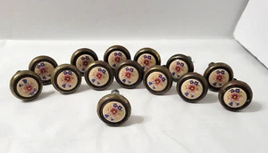  Floral on Beige Porcelain 14 Drawer Knobs Round 1.25" Pulls 1960s Brass Vtg - Picture 1 of 7