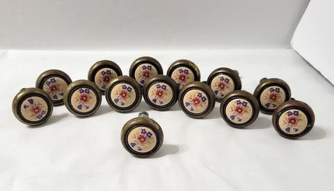 14 Drawer Round 1.25" Knobs Pulls 1960s Floral on Beige Porcelain Brass Vtg Cover