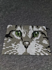 Cat Coin Wallet Purse Beaded Zipper Pouch | Gray Cat Face - Picture 1 of 3