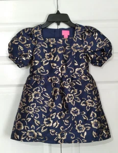 Lilly Pulitzer Mini Kasslyn Dress Navy Gold Puff Floral Brocade Sleeve Girls 6 - Picture 1 of 9