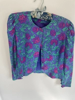 Conjunto de terno saia vintage Adrianna Papell floral roxo verde seda tamanho 8 lindo - Imagem 1 de 4