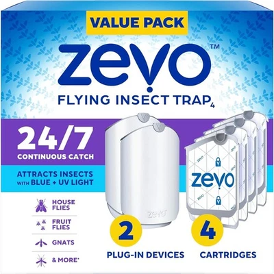 Trampa para insectos voladores Zevo (2 bases enchufables + 4 cartuchos) con luz UV azul Foto 1 de 4
