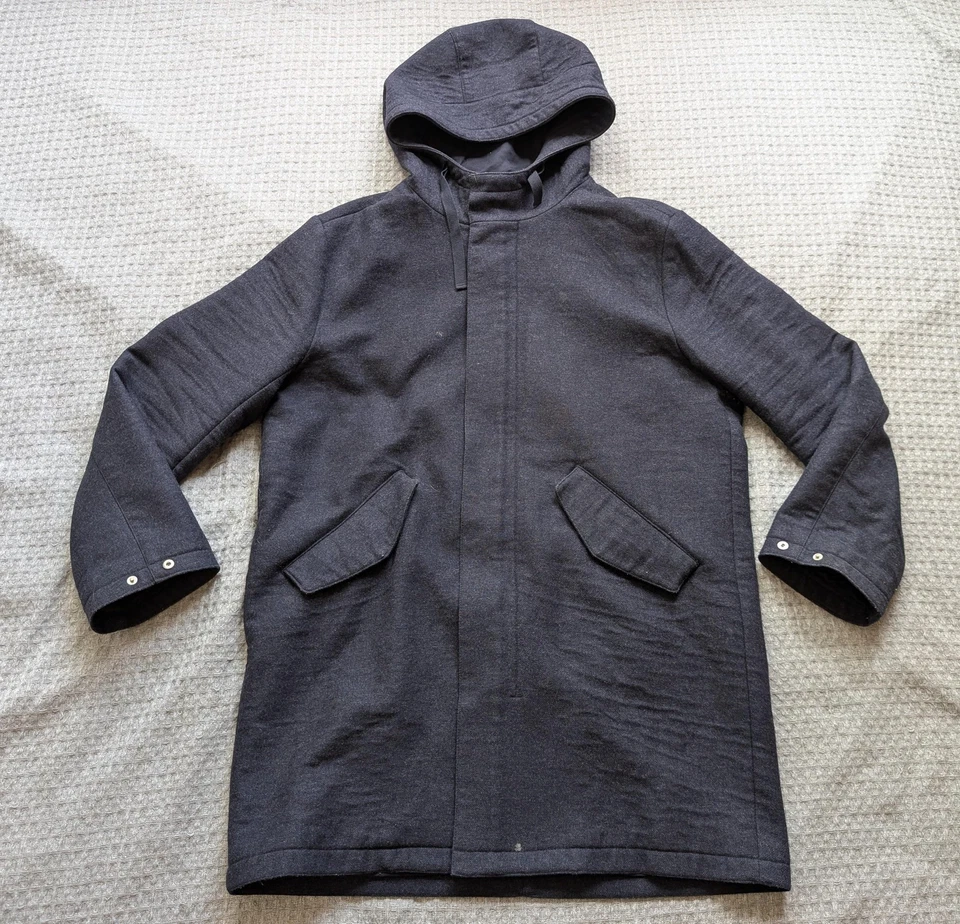 A.P.C. Hooded Coat Mens Large Charcoal Wool Blend Full Zip Snap Front Lined - Image 1 of 4