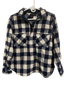 J CREW Size L Buffalo Check Plaid 1/4 Zip Long Sleeve Black N White Shirt - Picture 1 of 15