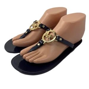 MICHAEL Michael Kors Womens 6 Navy Blue Thong Jelly Sandals Gold Logo Flat Sole - Picture 1 of 6