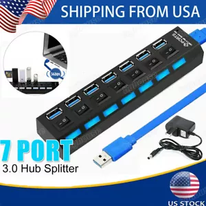 7 Port USB 3.0 High Speed Hub Powered Splitter ON/OFF Switch AC Adapter Laptop - Picture 1 of 13