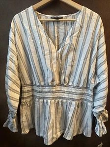INC 1X NWT Ethereal Black White Stripe V Neck Blouse Ruffle Cuff Smocked $ 70🧡 - Picture 1 of 10