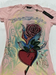 Camiseta vintage para mujer Christian Audigier rosa talla grande burlándose pájaro y rosa - Imagen 1 de 22
