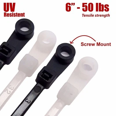 NiftyPlaza 100 Mounting Hole Cable Ties - 6 Inch 50 Lbs Nail Screw Wire Hole Tie