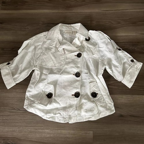 OFF WHITE CHICO'S Giacca di Lino Donna 0P Off Bianco Marrone Contorno Stile Safari Manica 1 2