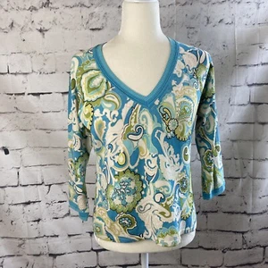 Sigred Olsen Sweater Womens Medium V Neck Silk Blend Paisley Multicolor Blue - Picture 1 of 11