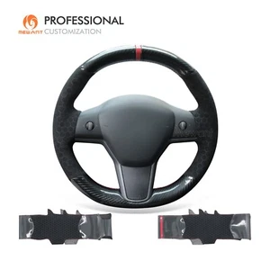 MEWANT PU Carbon Fiber Alcantara Steering Wheel Cover for Tesla Model 3 Model Y - Bild 1 von 9