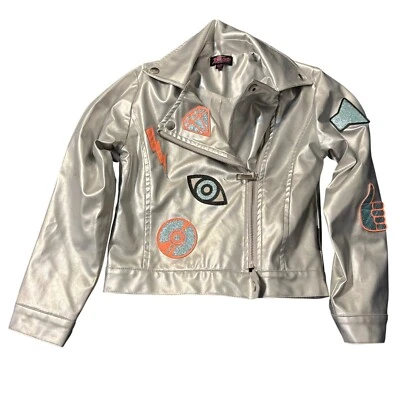 Nickelodeon Jojos Closet Girls Silver Faux Leather Jacket W/ Colorful Patches Si - Image 1 of 3