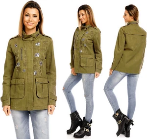 Damen Jacke Parka Mantel Patches Übergangsjacke Frühling JS-271 Khaki Gr. S - Bild 1 von 5